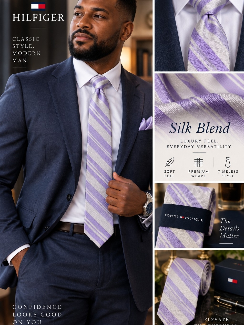 Tommy Hilfiger Lavender and White Striped Silk-Blend Tie